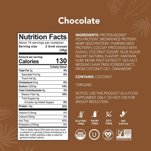 ALOHA Organic Plant Based Protein Powder, Stevia Free, Chocolate, 19.6 oz, 15 Servings