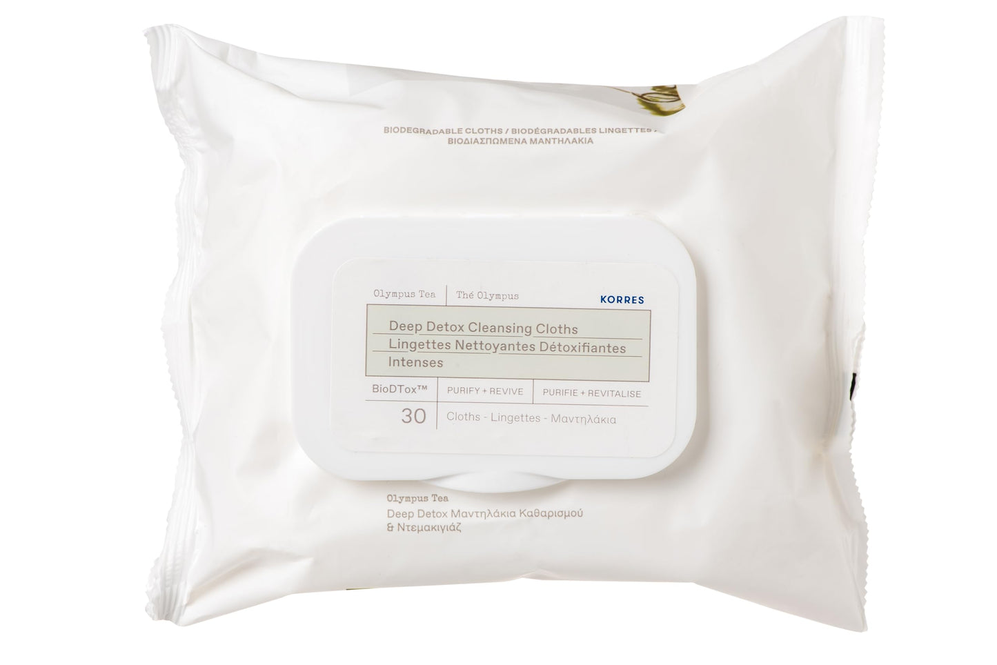 KORRES Olympus Tea Deep Detox Cleansing Cloths, Face & Makeup Remover Wipes, Purifying Skin Care for Women & Men, Disposable, Vegetarian, Made in Greece, 30 Count
