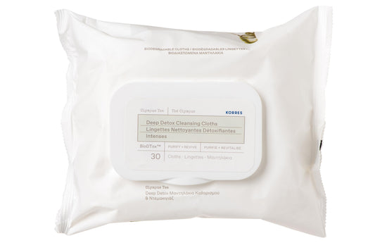 KORRES Olympus Tea Deep Detox Cleansing Cloths, Face & Makeup Remover Wipes, Purifying Skin Care for Women & Men, Disposable, Vegetarian, Made in Greece, 30 Count