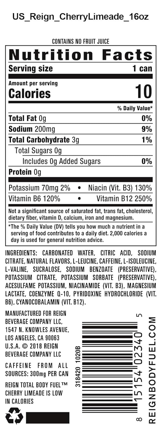 Reign Total Body Fuel,Cherry Limeade,Fitness & Performance Drink,16 Fl Oz,(Pack of 24)