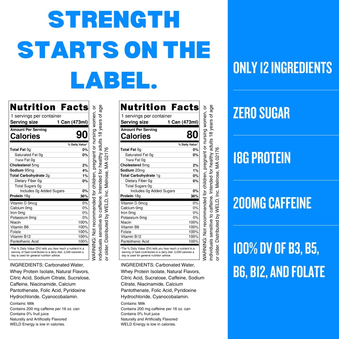 WELD Protein Energy Drink — 18g Whey Protein Isolate + 200mg Caffeine, Zero Sugar Protein Energy Drink with B Vitamins, Clear Protein Drink for Pre-Workout & Focus, Variety Pack, 16 Fl Oz Cans (12 Pack)