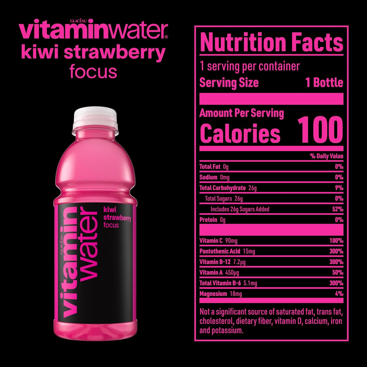 vitaminwater Focus Kiwi Strawberry, Flavored Water Beverage Bottles, 20 fl oz, 12 Pack