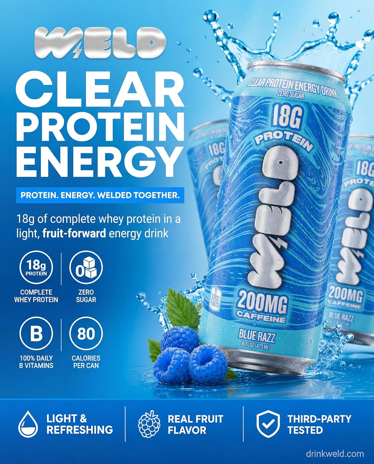 WELD Protein Energy Drink — 18g Whey Protein Isolate + 200mg Caffeine, Zero Sugar Protein Energy Drink with B Vitamins, Clear Protein Drink for Pre-Workout & Focus, Variety Pack, 16 Fl Oz Cans (12 Pack)