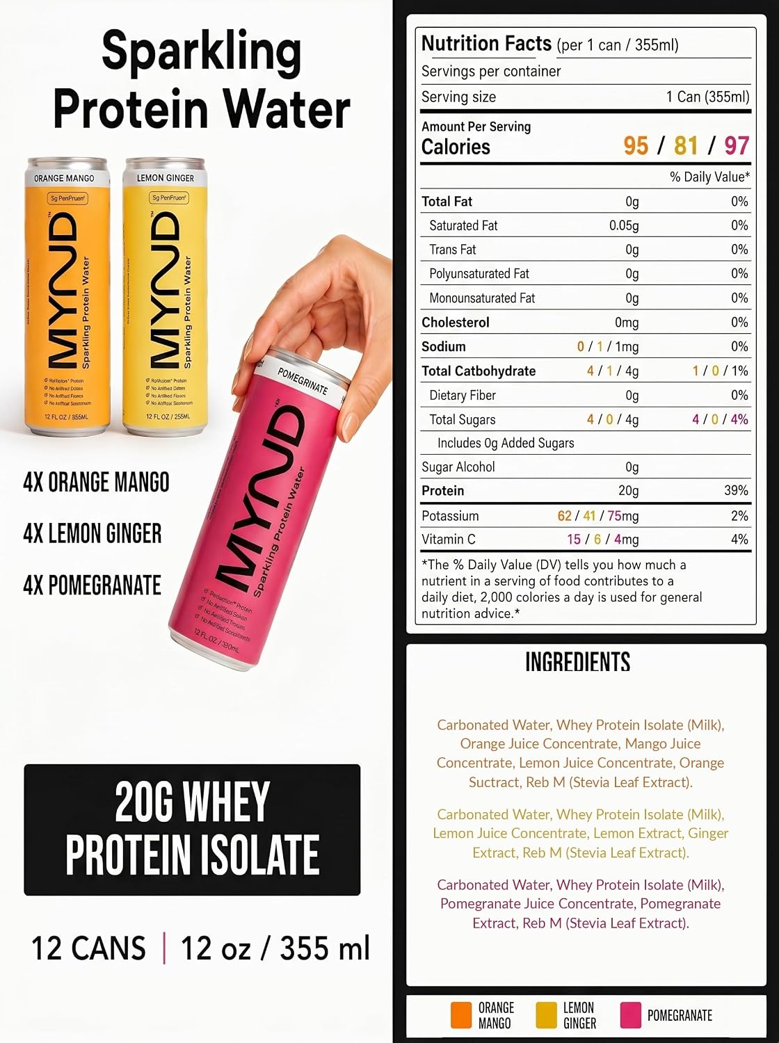 MYND Sparkling Protein Water, Variety Pack, 12 Pack