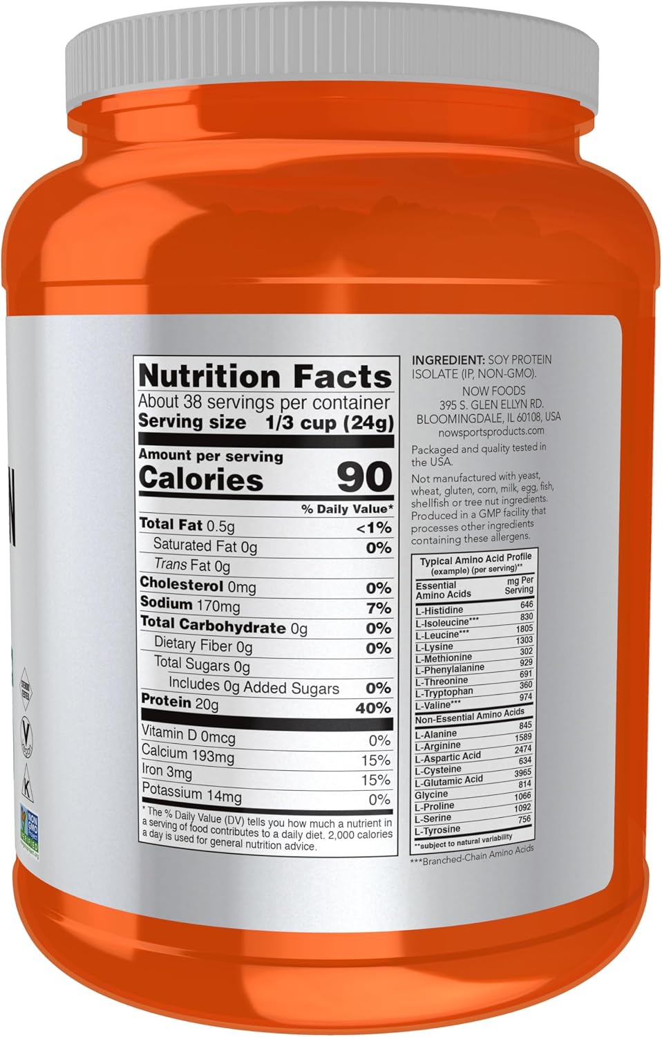 NOW Sports, Soy Protein Isolate 20g, Unflavored Powder, 2 lbs