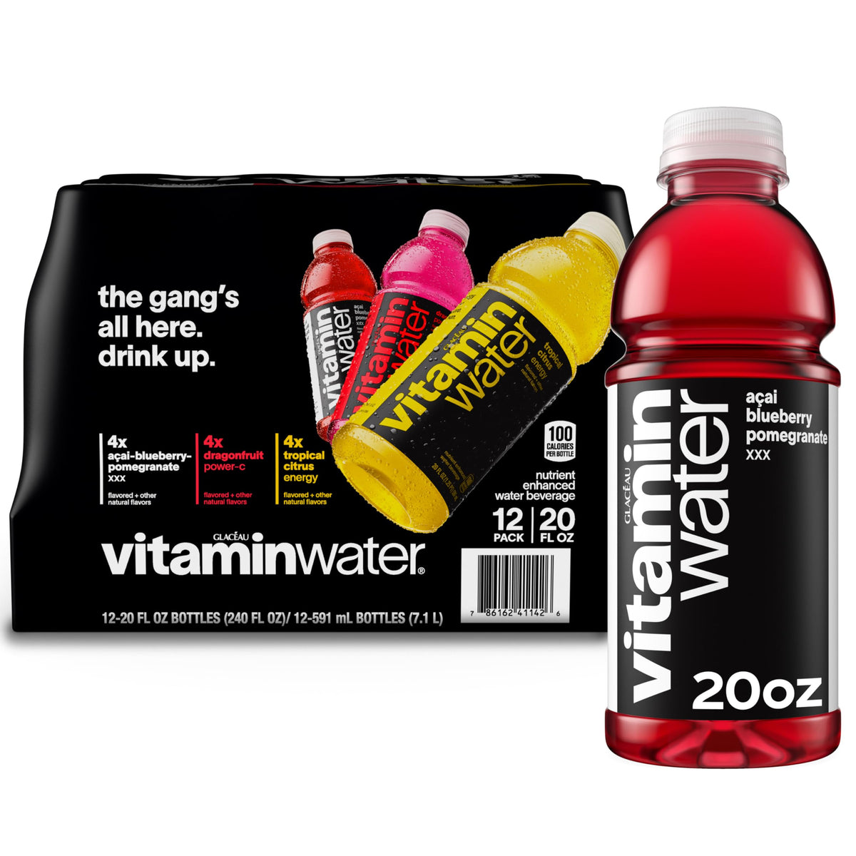 vitaminwater Focus Kiwi Strawberry, Flavored Water Beverage Bottles, 20 fl oz, 12 Pack